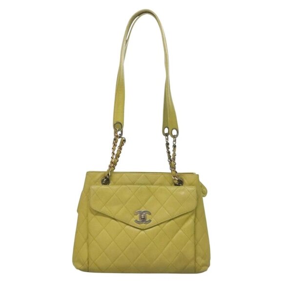 CHANEL Matelasse Chain Shoulder Bag Grained Calf Skin Green Gold CC Auth yk19052 - Picture 2 of 16
